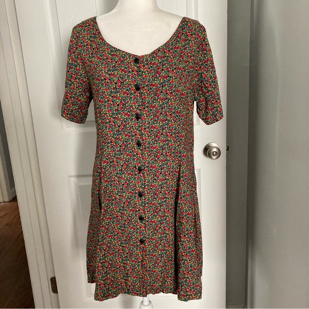 Vintage 90s Passports of Pier 1 Imports Floral Button-Front Short Sleeve Dress